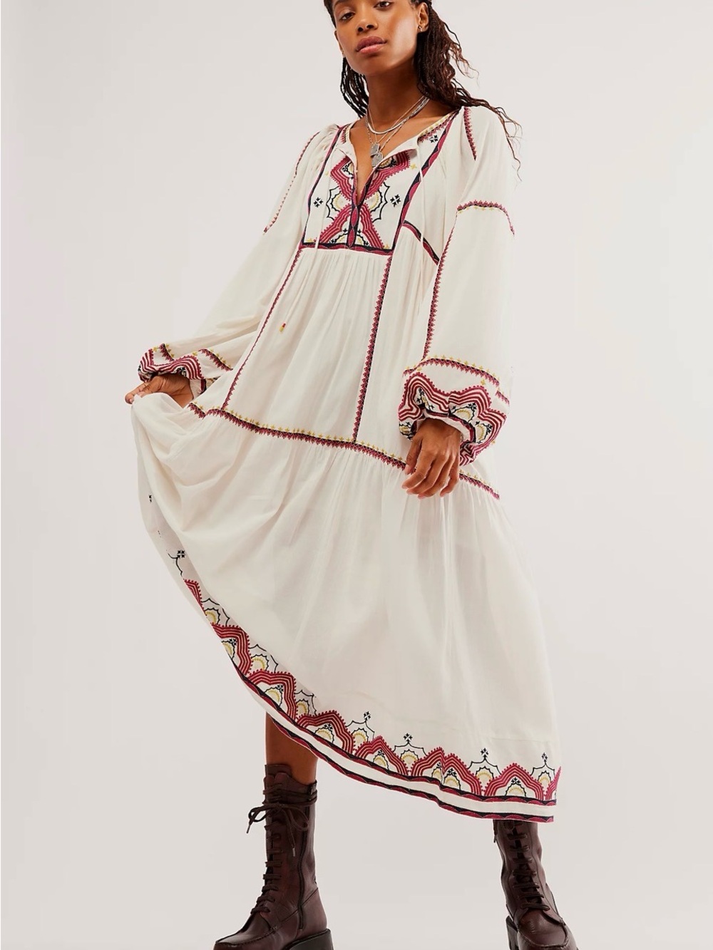 Free People Ivory Peasant Maxi Dress with Pink Embroidery